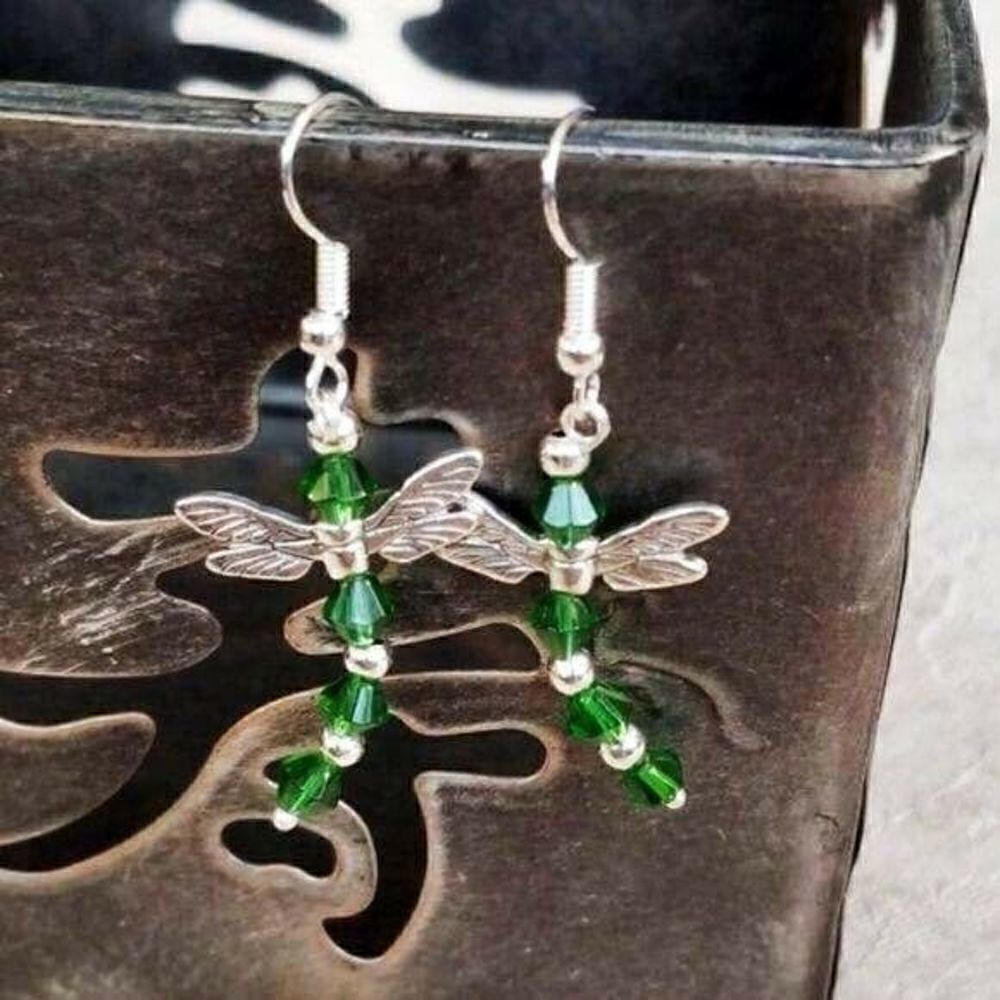 Silver Green Dragonfly Glass Earrings Hand Crafted